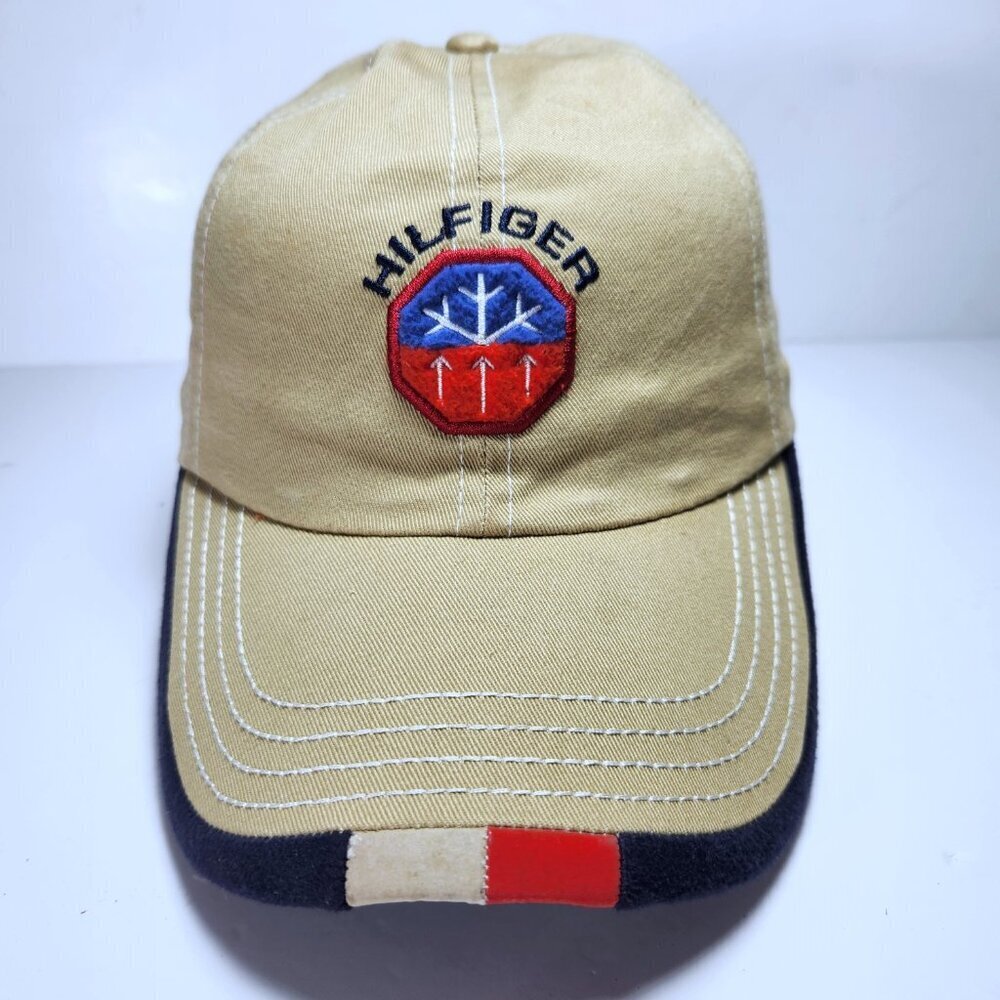 Vintage 90s Tommy Hilfiger Athletics Hat Cap Ski Patch Beige Hook Loop Strapback